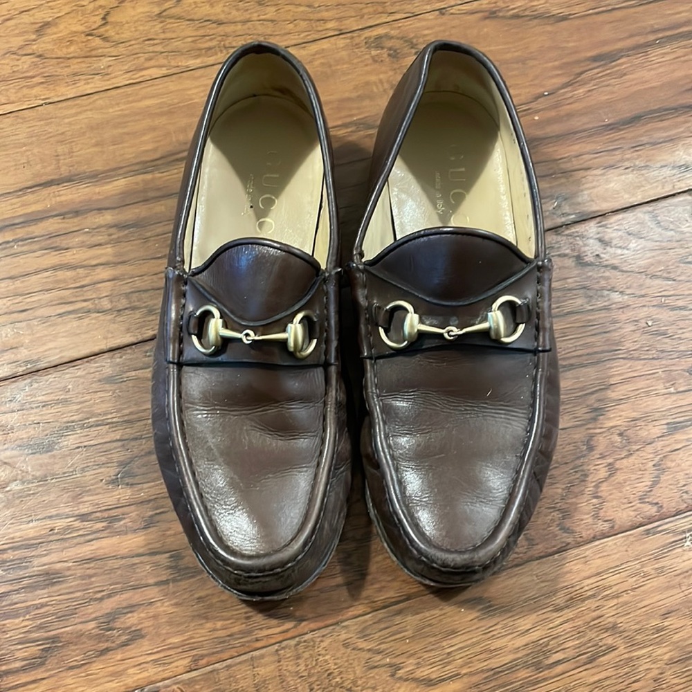 Brown Gucci horsebit loafers. Authentic Italian leather. Size 8D.